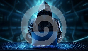 Anonymous hacker with laptop. Concept of dark web, cybercrime, cyberattack, etc