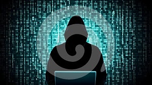 Anonymous hacker with laptop. Concept of dark web, hacking cybersecurity. AI generated image