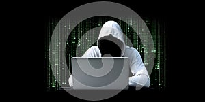 Anonymous hacker with laptop. Concept of dark web, hacking cybersecurity. AI generated image