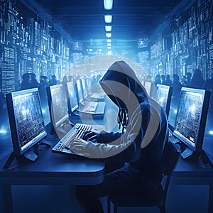 Anonymous hacker with no face. Dark web, cybercrime, cyberattack, etc. AI generated image