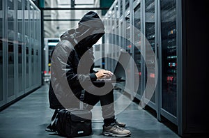 Anonymous hacker typing computer. Concept of cybercrime, cyberattack, dark web. AI generative