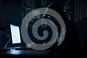 Hacker typing computer. Concept of cybercrime, cyberattack, dark web. AI generated
