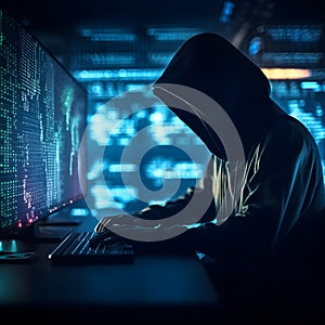 Hacker typing computer. Concept of cybercrime, cyberattack, dark web. AI generated