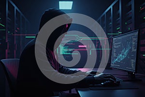 Anonymous hacker typing on keyboard in server room with glowing code
