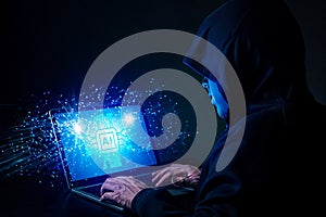 Hacker exploits AI-chip on a laptop in a dark cyber-security scene.