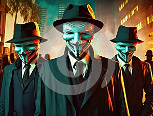 Anonymous hacking group, unknown men in black hoodie with hoods and white masks