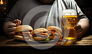 Anonymous heavyset man holds beer and a burger, identity veiled in indulgence