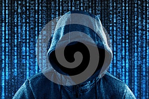 Anonymous hooded computer hacker portrait
