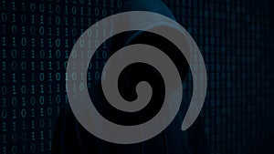 Anonymous hooded figure against digital binary code image generated using AI.