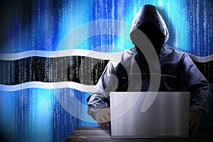 Anonymous hooded hacker, flag of Botswana, binary code - cyber attack concept