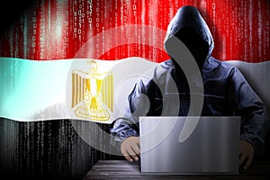 Anonymous hooded hacker, flag of Egypt, binary code - cyber attack concept