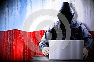 Anonymous hooded hacker, flag of Poland, binary code - cyber attack concept