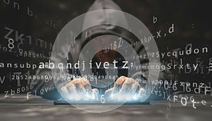 Anonymous Hooded Hacker Typing on Glowing Keyboard - Cybersecurity and Data Breach Concept
