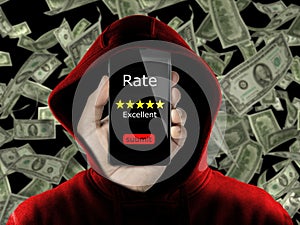 Anonymous with hoodie making fake rating and review for money concept conceptual. Untrue feedback in exchange of dollars. Business