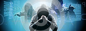 Anonymous internet hacker in front of computer. Web crime concept