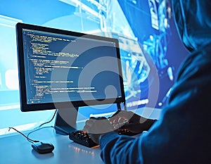 Anonymous programmer coding on a desktop computer in a dark room with futuristic blue light display