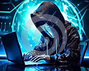 Anonymous robot hacker. Concept of hacking cybersecurity, cybercrime, cyberattack, dark web, etc