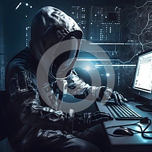 Anonymous robot hacker. Concept of hacking cybersecurity, cybercrime, cyberattack, dark web, etc