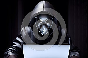 Anonymous robot hacker. Concept of hacking cybersecurity, cybercrime, cyberattack, dark web, etc