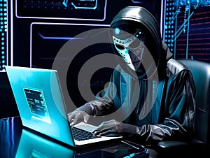 Anonymous robot hacker. Concept of hacking cybersecurity, cybercrime, cyberattack, dark web, etc