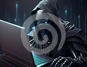 Anonymous robot hacker typing computer laptop. Concept of hacking cybersecurity, cybercrime, cyberattack, etc