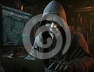 Anonymous robot hacker typing computer laptop. Concept of hacking cybersecurity, cybercrime, cyberattack, etc