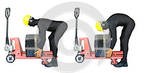 Anonymous worker lifting heavy package at manual pallet truck.