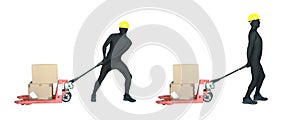 Anonymous worker pulling a forklift with boxes