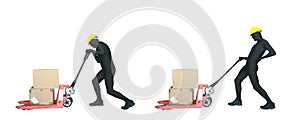 Anonymous worker pulling a forklift with boxes