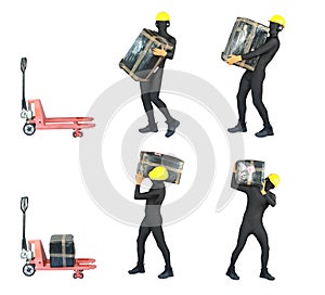 Anonymous workers dealing with heavy package at forklift