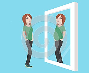 Anorexia nervosa concept: young slim woman looks in the mirror and sees herself fat