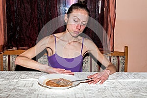 Anorexia. Skinny anorexic girl refuse to eat.