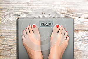 Anorexia text on weight scale, eating disorder as serious mental illness concept photo