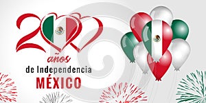 200 anos de Independencia Mexico, heart emblem, balloons and fireworks photo