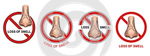 Anosmia, loss ability to smell icon set. Covid-19 infection disease symptom. Nose organ of scent. Warning sign. Vector
