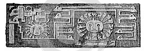 Another detail of the Tiahuanaco monolith door, vintage engraving