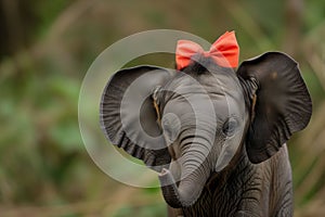 Another pose of the elephant calf with a coral bow, amidst greenery, conveying a sense of joy and playfulness