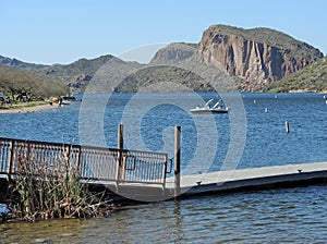 Another view of beautiful Apache Lake in Arizona with a boat pier.