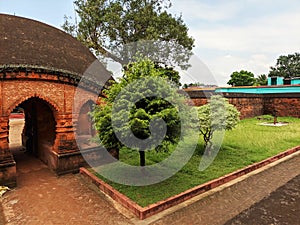 Another view of lawn and the famous Madanmohan Temple in Bishnupur, Bankura, an artwork of terracotta