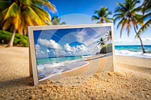Photo card on sand beach. Close up photo