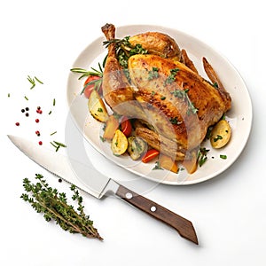 Chicken dish with a knife isolated on white background photo
