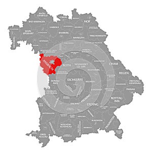 Ansbach county red highlighted in map of Bavaria Germany