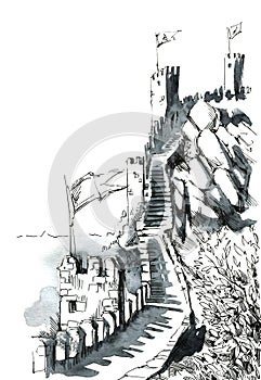 Anscient fortress outer walls ink illustration