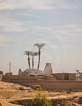 Anscient Temple of Karnak in Luxor - Ruined Thebes Egypt. Walls and Sphinxes at Karnak Temple. Temple of Amon-Ra