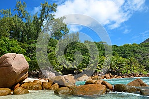 Anse Caiman beach in La Digue Island, Seychelles.