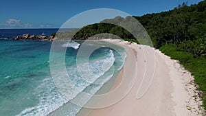 Anse Cocos beach, La Digue Island, Seyshelles, Drone aerial view of La Digue Seychelles bird eye view