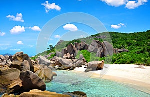 Anse Marron beach with big granite boulders on La Digue Island, Seychelles. photo