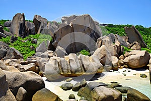 Anse Marron beach with big granite boulders on La Digue Island, Seychelles. photo
