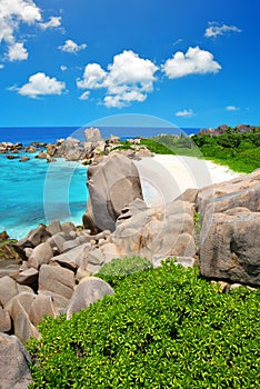 Anse Marron beach with big granite stones in La Digue Island, Seychelles. photo