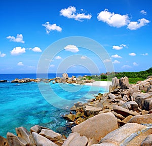 Anse Marron beach with big granite stones in La Digue Island, Seychelles. photo